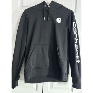 Carhartt Womens Relaxed Fit Midweight Logo Sleeve Graphic Hoodie Black - XS